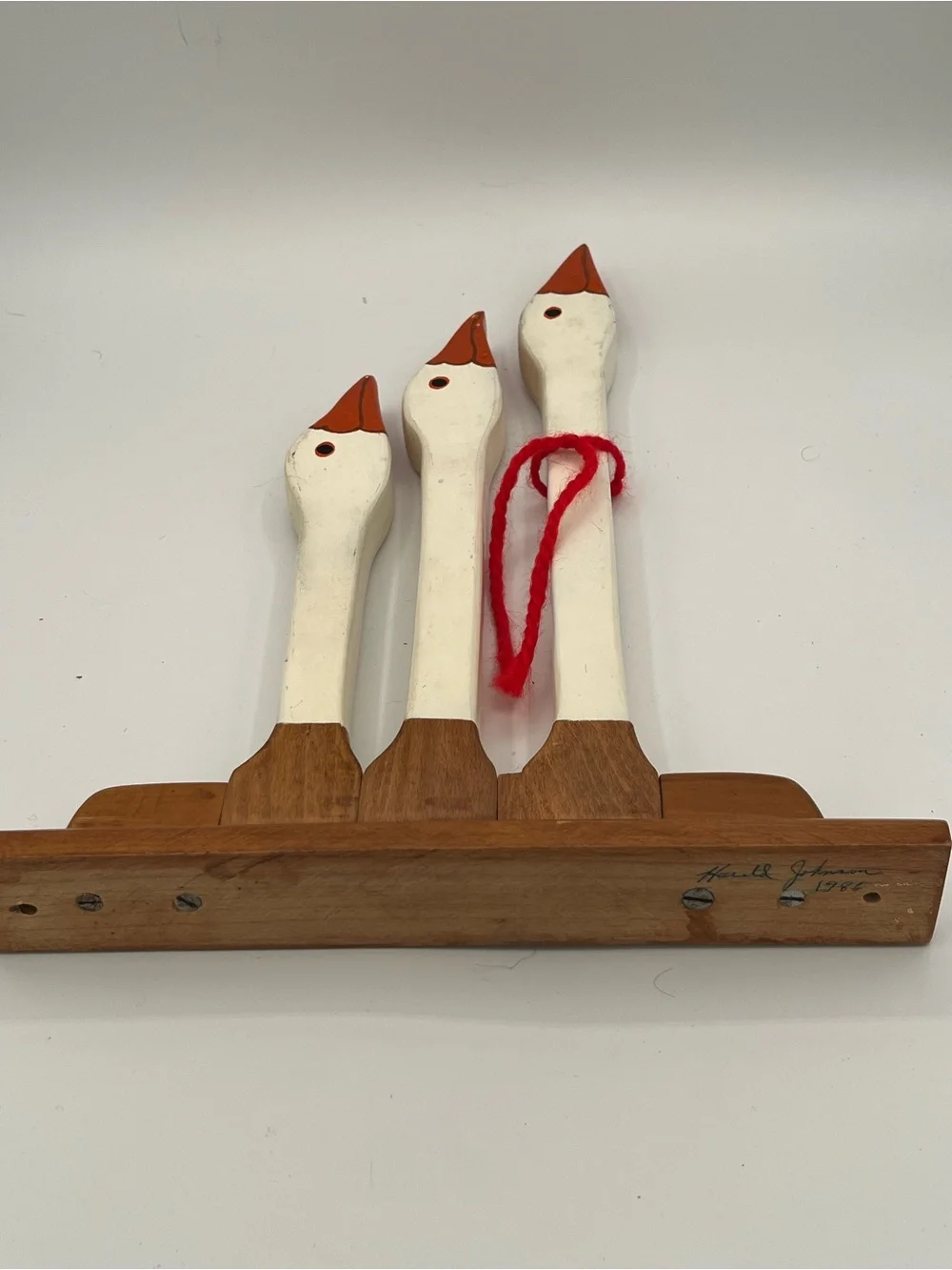 Vintage White Wooden Geese Towel Holder Rack - Harold Johnson Folk Artist 1986